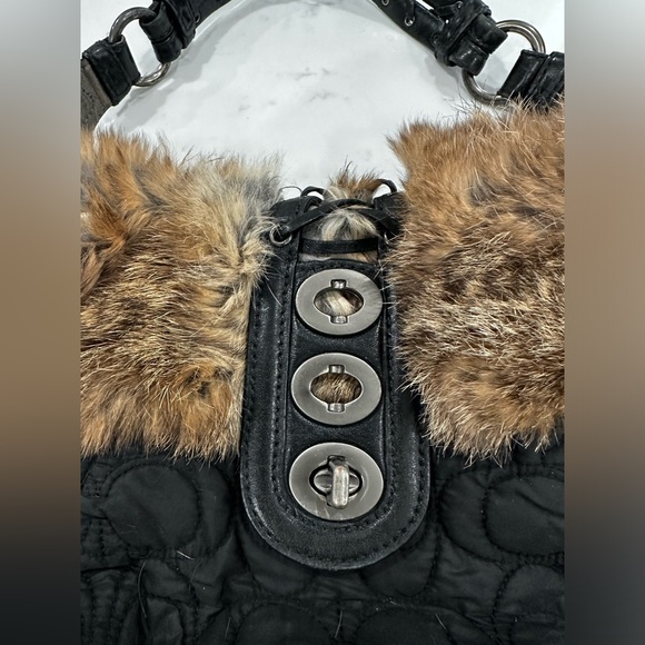 Coach Black Quilted Rabbit Fur Trimmed Purse - Picture 2 of 9